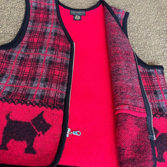Vintage wool plaid red black scotty dogs zip front vest winter dog lover LG - Picture 3 of 8